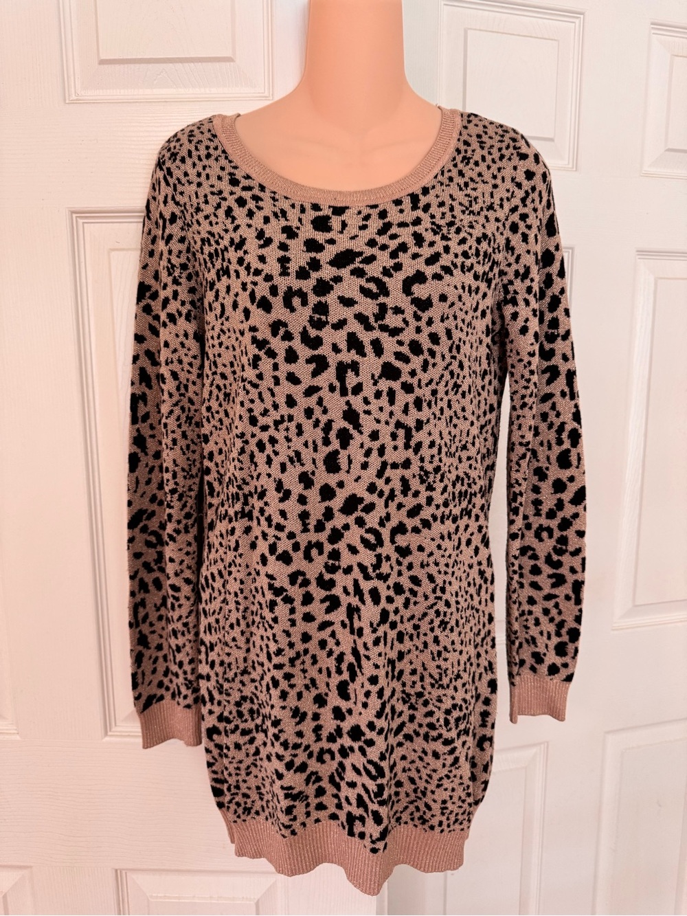 INC International Concepts Taupe and Black Leopard Print Long Sleeve Dress
